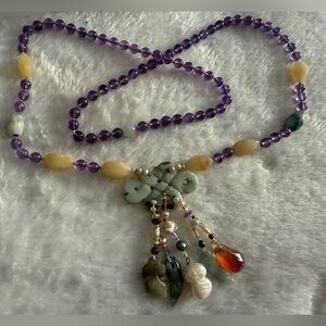 Purple and Yellow Beaded Necklace with Stone Accents